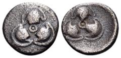 Greek BOEOTIA. Thebes. Circa 425-395 BC. Trihemiobol (Silver, 9 mm, 0.55 g). ⨀ at the center of three Boeotian half shields. Rev. ⨀ at the center of three Boeotian half shields, each ornamented with a
