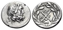 Greek ACHAIA, Achaian League. Patrai. Circa 175-168 BC. Triobol or Hemidrachm (Silver, 15 mm, 2.36 g, 6 h). Laureate head of Zeus to right. Rev. Achaian League monogram between A-P; above, ΛY; below, 