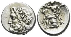 Greek ARKADIA, Arkadian League. Megalopolis. Circa 175-168 BC. Triobol (Silver, 14 mm, 2.53 g, 2 h). Laureate head of Zeus to left. Rev. Pan seated left on rock, his right hand raised and holding lago