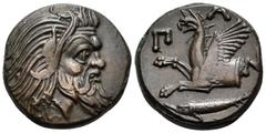 Greek CIMMERIAN BOSPOROS. Pantikapaion. Circa 310-304/3 BC. Tetrachalkon (Bronze, 19.5 mm, 6.90 g, 12 h). Bearded head of satyr to right. Rev. Π-Α-Ν Forepart of griffin left; below, sturgeon to left. 