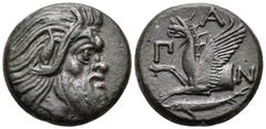 Greek CIMMERIAN BOSPOROS. Pantikapaion. Circa 310-304/3 BC. Tetrachalkon (Bronze, 20 mm, 7.46 g, 12 h). Bearded head of satyr to right. Rev. Π-Α-Ν Forepart of griffin left; below, sturgeon to left. HG