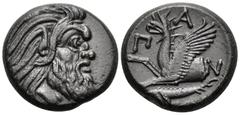Greek CIMMERIAN BOSPOROS. Pantikapaion. Circa 310-304/3 BC. Tetrachalkon (Bronze, 21 mm, 7.75 g, 12 h). Bearded head of satyr to right. Rev. Π-Α-Ν Forepart of griffin left; below, sturgeon to left. HG