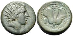 Greek ISLANDS OFF CARIA, Rhodos. Rhodes. Circa 88 BC. (Bronze, 28.5 mm, 18.42 g, 12 h). Radiate head of Helios to right. Rev. P - O Rose; in left field, crested helmet to right; in right field, thunde