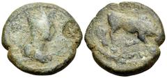 Greek KINGS OF COMMAGENE. Antiochos I Theos with Mithradates II, 38-36 BC. Oktachalkon (Bronze, 25.5 mm, 13.47 g, 1 h), third series, 70-56. BA MΕΓ ANT[IOXOY] Diademed and draped bust of Antiochos I t