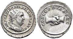 Roman Imperial Balbinus, 238. Antoninianus (Silver, 24 mm, 4.11 g, 6 h), Rome, 22 April - 29 July. IMP CAES D CAEL BALBINVS AVG Radiate, draped, and cuirassed bust of Balbinus to right. Rev. CONCORDIA