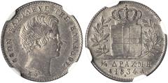 The El Greco Collection of Modern Greek Rarities / Otho GREECE. Otho, 1832-1862. 1/4 Drachmi 1834 (Silver, 16.5 mm, 1.15 g, 5 h), Paris, struck from dies by Carl Friedrich Voigt, reeded edge. ΟΘΩΝ ΒΑΣ