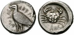 Coins of the Greeks Sicily Akragas. Circa 465/4-446 BC. Teradrachm (Silver, 17.47 g 7). AKRAC - ANTOC ( partially retrograde ) Eagle standing left with closed wings. Rev. Crab, with a shell that has t