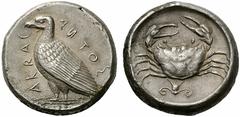 Coins of the Greeks Sicily Akragas. Circa 460-450/46 BC. Tetradrachm (Silver, 17.32 g 9). AKRAC - ANTOC ( partially retrograde ) Eagle standing left with closed wings. Rev. Crab; below, lotos flower o