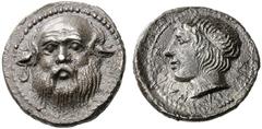 Coins of the Greeks Sicily Katane. Circa 410-405 BC. Ddrachm (Silver, 3.68 g 7). Head of Silenos facing, with full beard, pointed ears and bald head. Rev. KATANAIWN Head of the river god Amenanos to l
