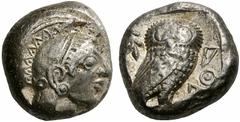 Coins of the Greeks Attica Athens. Circa 485/480 BC. Tetradrachm (Silver, 16.53 g 5). Head of Athena to right, wearing crested Attic helmet. Rev. AQE Large owl standing to right, head facing; behind, 