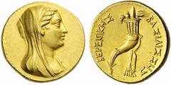 Coins of the Greeks EGYPT Berenike II, wife of Ptolemy III. Circa 244/3-221 BC. Octodrachm (Gold, 27.80 g 12), Alexandria. Veiled and draped bust of Berenike II to right. Rev. BERENIKHS BASILISSHS Cor