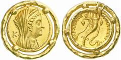 Coins of the Greeks EGYPT Ptolemy VI and Ptolemy VIII. 180-116. Octodrachm mounted for use as a pendant (Gold, 45.34 g 12). Head of “Arsinoe II”, similar to the last, with K behind. Rev. ARSINOHS FILA