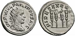 Coins of the Romans Philip II. AD 247-249. Antoninianus (Silver, 3.95 g 6), Antioch. IMP M IVL PHILIPPVS AVG Radiate, draped and cuirassed bust of Philip II to right. Rev. FIDES EXERCITAS Four militar