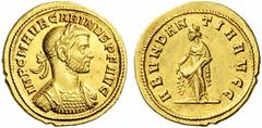 Coins of the Romans Carinus. AD 283-285. Aureus (Gold, 4.83 g 12), Siscia. IMP C M AVR CARINVS P F AVG Laureate and cuirassed bust of Carinus to right, with slight drapery on his far shoulder. Rev. AB