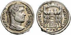 Coins of the Romans Galerius. As Caesar, AD 293-305. Argenteus (Silver, 3.05 g 12), Siscia, c. 295. MAXIMIANVS NOB C Laureate head of Galerius to right. Rev. VIRTVS MILITVM / *SIS Four Tetrarchs sacri