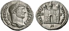 Coins of the Romans Galerius. As Caesar, AD 293-305. Argenteus (Silver, 3.31 g 5), Rome, c. 298-299. MAXIMIANVS CAES Laureate head of Galerius to right. Rev. VIRTVS MILITVM / R - F / D Camp gate with 