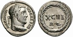 Coins of the Romans Galerius. As Caesar, AD 293-305. Argenteus (Silver, 3.05 g 12), Aquileia, c. 300. MAXIMIANVS CAESAR Laureate head of Galerius to right. Rev. XCVI /AQ within wreath. RIC 17b. Rare a