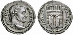 Coins of the Romans Galerius. AD 305-311. Argenteus (Silver, 3.46 g 12), Trier, c. 306-307. MAXIMIANVS P F AVG Laureate head of Galerius to right. Rev. VIRTVS MILITVM / PTR Camp gate with doors thrown