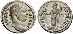 Coins of the Romans Galerius. AD 305-311. Argenteus (Silver, 3.41 g 11), Alexandria, c. 305-307. MAXIMIANVS AVG Laureate head of Galerius to right. Rev. CONCORDIA AVGG / ALE Alexandria, or Tyche, wear