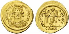 Late Roman and Byzantine Coins Justinian I. 527-565. Solidus (Gold, 4.40 g 6), Thessalonica, 538-545. DM IVSTINIANVS P P AVG Diademed, helmeted and cuirassed bust of Justinian facing, holding cross on