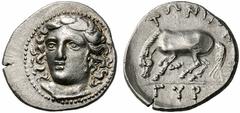 Coins of Thessaly, the BCD Collection Gyrton Circa 340s-330s BC. Hemidrachm (Silver, 3.03 g 9). Head of the nymph Gyrtona facing, turned slightly to the left, her hair bound with a ribbon. Rev. GUR / 