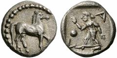 Coins of Thessaly, the BCD Collection Larissa Circa 460-440 BC. Obol (Silver, 0.99 g 6). Horse walking to right. Rev. L - A Nymph, Larissa, striding to left, her right hand raised and her left lowered