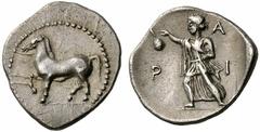 Coins of Thessaly, the BCD Collection Larissa Circa 440-400 BC. Obol (Silver, 1.04 g 3). Horse walking to left. Rev. L - A / R - I The nymph Larissa striding to left, her left hand at her waist and he