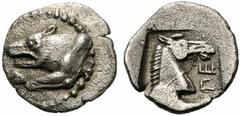 Coins of Thessaly, the BCD Collection Perrhaiboi Circa 462/1-460 BC. Obol (Silver, 0.86 g 3). Forepart of wolf to left. Rev. PE Head of bridled horse to right; all within incuse square. Liampi, 1996, 