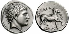 Coins of Thessaly, the BCD Collection Phalanna Circa 340s BC. Drachm (Silver, 5.65 g 5). Youthful male head to right, with short, curly hair. Rev. FALA-NN-[AIWN] Bridled horse with curled tail prancin