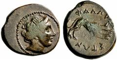 Coins of Thessaly, the BCD Collection Phaloria Circa 302-286 BC. Dichalkon (Bronze, 18mm, 3.70 g 4). Head of nymph to right, wearing earring. Rev. FALWRA - STWN Wolf at bay to right. Apparently unpubl