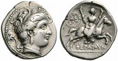 Coins of Thessaly, the BCD Collection Pherai Circa 302-286 BC. Stater (Silver, 11.31 g 12). Head of the nymph Hypereia to right, wearing triple-pendant earring, pearl necklace and wreath of reeds; beh