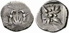 Coins of Thessaly, the BCD Collection Islands off Thessaly Skyros. c. 485-480 BC. Didrachm (Silver, 8.75 g 12). Two long horned and bearded goats, opposed vertically, back to back, with their heads tu