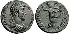 Coins of Thessaly, the BCD Collection Thessalian League Marcus Aurelius. 161-180. Tetrassarion or Sestertius (Bronze, 31mm, 21.67 g 3), mid - late 160s. AUT M AUR - ANTwNÎINOC Laureate, draped and cui