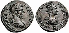 Coins of Thessaly, the BCD Collection Thessalian League Septimius Severus. 193-211. Diassarion or Dupondius (Bronze, 22mm, 5.49 g 8), with a portrait of Geta Caesar, circa 198-209. AU LO CÎPT - CÎBHRO