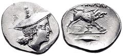 Greek AITOLIA, Aitolian League. Circa 205-150 BC. Triobol (Silver, 17 mm, 2.46 g, 11 h), circa 170-160. Head of Aetolia to right, wearing kausia. Rev. AITΩΛΩN Calydonian boar right above TI and monogr