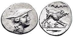Greek AITOLIA, Aitolian League. Circa 205-150 BC. Triobol (Silver, 17 mm, 2.48 g, 3 h), circa 170-160. Head of Aetolia to right, wearing kausia. Rev. AITΩΛΩN Calydonian boar right above monograms of B
