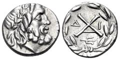 Greek ACHAIA, Achaian League. Patrai. Circa 175-168 BC. Triobol or Hemidrachm (Silver, 15 mm, 2.57 g, 3 h). Laureate head of Zeus to right. Rev. Achaian League monogram between Δ-I; below, trident to 