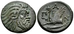 Greek CIMMERIAN BOSPOROS. Pantikapaion. Circa 310-304/3 BC. Tetrachalkon (Bronze, 22 mm, 6.95 g, 11 h). Bearded head of satyr to right. Rev. Π-Α-Ν Forepart of griffin left; below, sturgeon to left. HG