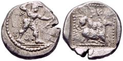 Greek CYPRUS. Kition. Baalmelek II, circa 425-400 BC. Stater (Silver, 22 mm, 11.07 g, 3 h). Herakles in fighting stance to right, wearing lion skin, holding club overhead in right hand and bow extende