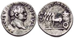 Roman Imperial Titus, as Caesar, 69-79. Denarius (Silver, 17 mm, 3.90 g, 5 h), Rome. T CΛESΛR IMP VESPΛSIΛNVS Laureate head of Titus to right. Rev. TR POT VIII COS VII Quadriga to left, containing thr