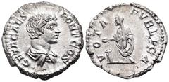 Roman Imperial Geta, as Caesar, 198-209. Denarius (Silver, 18 mm, 3.50 g, 12 h), Rome, 203-209. GETA CAES PONT COS Bare-headed and draped bust of Geta to right. Rev. VOTA PVBLICA Geta, togate, standin