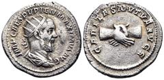 Roman Imperial Pupienus, 238. Antoninianus (Silver, 22 mm, 4.62 g, 12 h), Rome, circa April-June 238. IMP CAES PVPIEN MAXIMVS AVG Radiate, draped and cuirassed bust of Pupienus to right, seen from beh