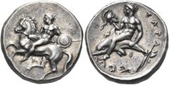 The Anthony Milavic Collection of Ancient Games Coins Equestrian Events Kalpé and Anabates CALABRIA. Tarentum. Circa 344-340 BC. Nomos (Silver, 20.5 mm, 7.89 g, 12 h). Nude rider on horse galloping le