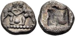 The Anthony Milavic Collection of Ancient Games Coins Athletics Wrestling: Gripping each other ASIA MINOR. Uncertain mint. Early-mid 5th century. Diobol (Silver, 10 mm, 1.23 g). Two wrestlers grapplin