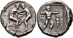 The Anthony Milavic Collection of Ancient Games Coins Athletics Wrestling: Grasping a leg PAMPHYLIA. Aspendos. Circa 380/75-330/25 BC. Stater (Silver, 23 mm, 10.87 g, 12 h). Two wrestlers beginning to