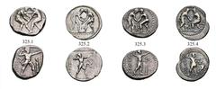 The Anthony Milavic Collection of Ancient Games Coins Large Lots PAMPHYLIA. Aspendos and Selge. Late 5th-3rd century BC. Lot of 4 silver staters with wrestlers. Aspendos: 325.1. Stater, 24 mm, 10,43 g