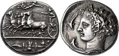 Greek SICILY. Syracuse. Dionysios I, 405-367 BC. Dekadrachm (Silver, 35 mm, 43.35 g, 12 h), signed on both sides by the master engraver Kimon, circa 405-400. Quadriga racing to left, driven by a chari