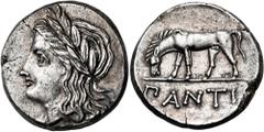 Greek CIMMERIAN BOSPOROS. Pantikapaion. Circa 355-340 BC. Tetradrachm (Silver, 26.5 mm, 15.77 g, 12 h). Laureate head of Apollo to left. Rev. ΠANTI Horse grazing to left with two grass hummocks. Anokh