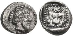 Greek DYNASTS OF LYCIA. Uncertain dynast, circa 480/70-430 BC. Hemiobol (Silver, 8 mm, 0.42 g, 10 h). Diademed and bearded male head - Zeus or Dionysos - to right; all within a dotted border. Rev. Lio