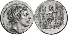 Greek SELEUKID KINGS. Antiochos IV Epiphanes, 175-164 BC. Tetradrachm (Silver, 31.5 mm, 16.36 g, 12 h), Antioch-on-the-Orontes. Diademed head of Antiochos IV to right; fillet border. Rev. BAΣIΛEΩΣ ANT